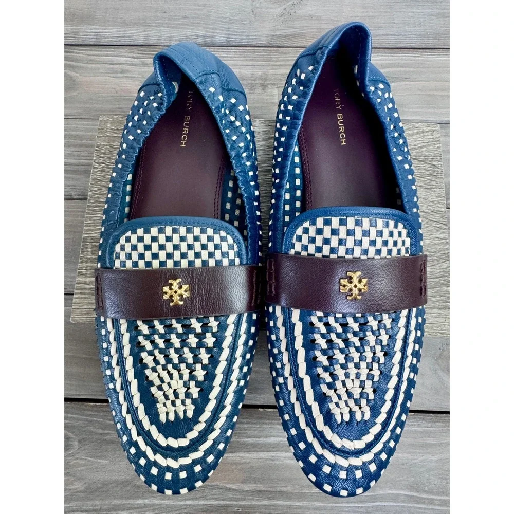 NWOT Tory Burch Blue White Woven Leather Loafers Gold Double T Driving Mocs 9.5M
